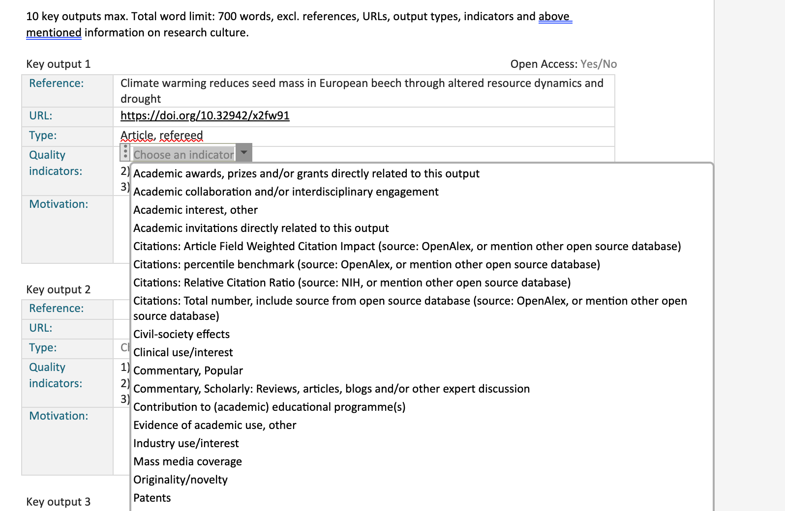 Figure 1. Selecting an indicator to demonstrate the importance of one of the key outputs included in an evidence-based CV. For citation-based indicators, NWO recommends using OpenAlex or another open source database.