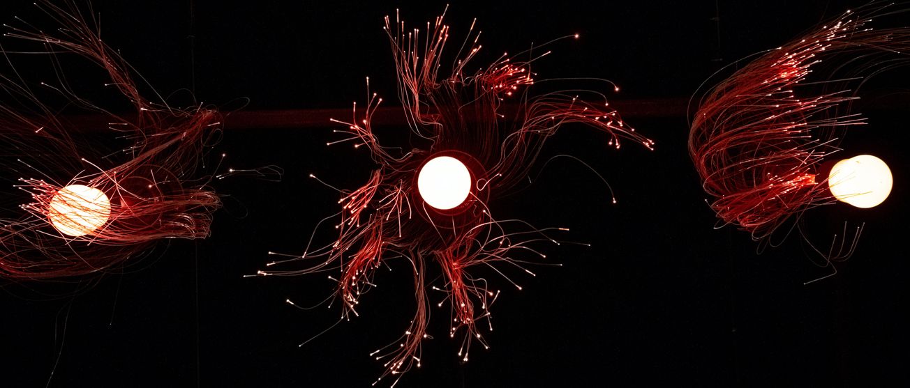 Fiber optics with lightbulbs on black background