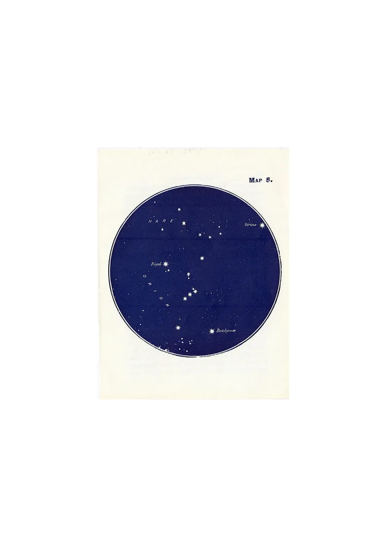 An image of the constellation Orion. The image is a print from an antique book in dark blue with the stars in white. Orion is "upside down" compared to the view from the Northern Hemishphere.